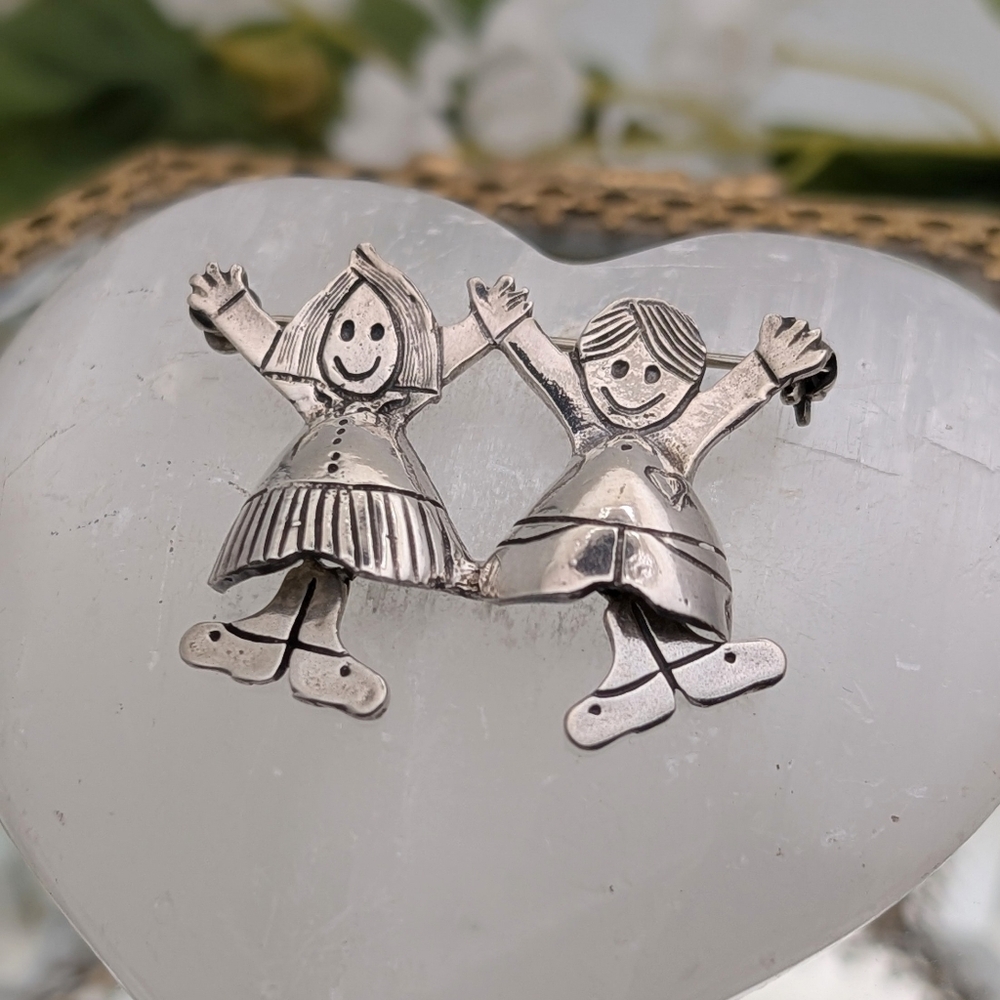 Vintage Sterling Silver Best Friend Sisters Sibling Dangling Pin Brooch